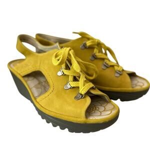 Fly London Shoes Lace Up Wedge Platform Slingback Yellow Leather Womens Size 41